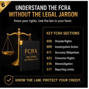 May include: A black informational graphic titled UNDERSTAND THE FCRA WITHOUT THE LEGAL JARGON. It features a gold scale of justice, a book labeled FCRA FAIR CREDIT REPORTING ACT, and a list of sections including 605 Dispute Rights and 617 Reporting Limits.