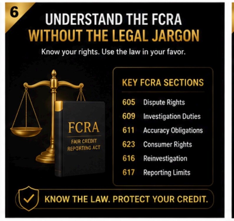 May include: A black informational graphic titled UNDERSTAND THE FCRA WITHOUT THE LEGAL JARGON. It features a gold scale of justice, a book labeled FCRA FAIR CREDIT REPORTING ACT, and a list of sections including 605 Dispute Rights and 617 Reporting Limits.