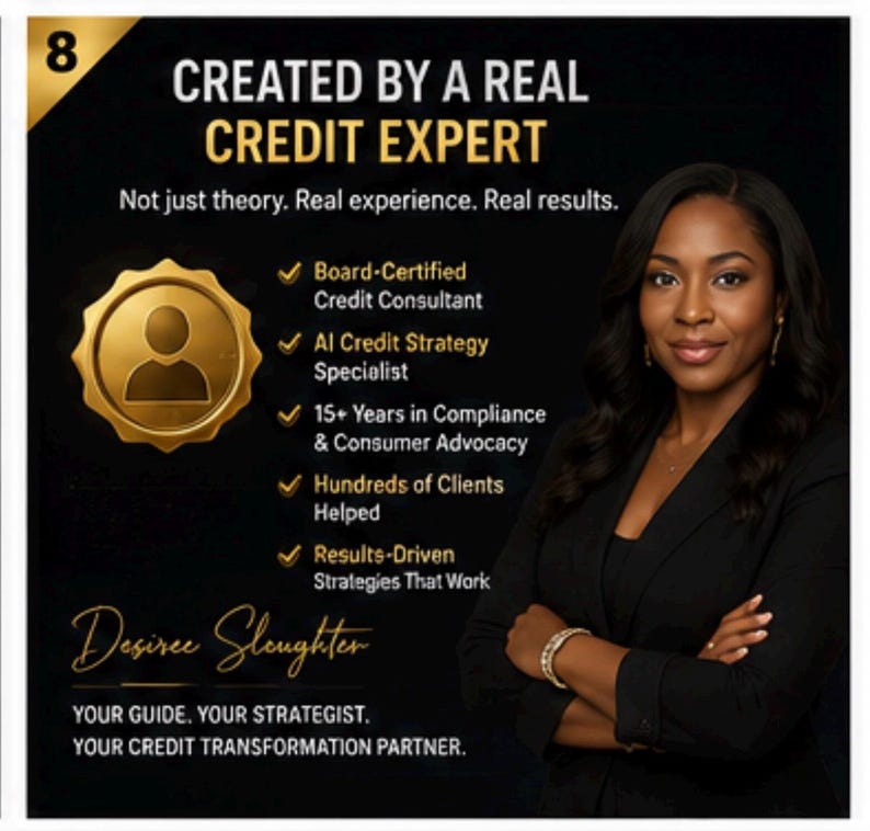 May include: A professional graphic featuring the text CREATED BY A REAL CREDIT EXPERT, Not just theory. Real experience. Real results. It lists credentials including Board-Certified Credit Consultant and AI Credit Strategy Specialist, with a portrait.
