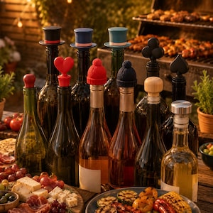 Peut inclure: Une collection de bouteilles de vin surmontées de divers bouchons décoratifs, incluant des mini-hauts-de-forme, un cœur rouge, des bonnets en tricot, une sphère en bois, un disque argenté et des symboles de cartes à jouer noirs.