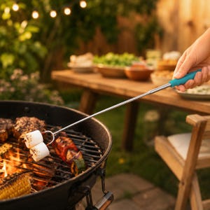 Może przedstawiać: Teleskopowy metalowy widelec do pieczenia z jasnym turkusowym uchwytem, trzymający dwie przypieczone białe pianki marshmallow nad czarnym grillem węglowym z grillowanymi warzywami i kukurydzą.