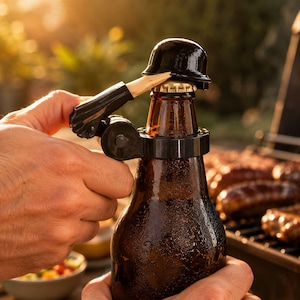 May include: A black bottle opener shaped like a helmet with a light wood-coloured lever, attached to the neck of a brown glass beer bottle with a gold metal cap. The opener features a circular ring that fits around the bottle neck for leverage.