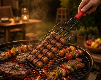 Cestino per grigliare hot dog in acciaio inox con manico in legno, griglia portatile per barbecue all'aperto.