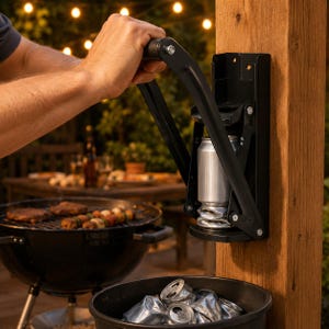 Peut inclure: Un écraseur de canettes noir monté sur un poteau en bois, avec une canette argentée en cours d'écrasement. Une poubelle noire en dessous est remplie de canettes écrasées. Un barbecue avec de la nourriture est en arrière-plan.