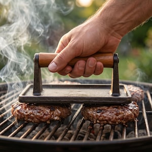 Op de afbeelding: Een burgerpers van gietijzer met een houten handvat wordt gebruikt om twee burgerpatties plat te drukken op een houtskoolgrill. Rook stijgt op van de grill en de patties bakken op het metalen rooster. De pers wordt door een hand vastgehouden.
