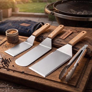 Könnte beinhalten: Eine Auswahl an Grillwerkzeugen mit Holzgriffen und Edelstahlklingen, darunter Spatel und Zangen, auf einem Holzbrett. Ein kleiner Behälter mit "Smoky Rub" und ein "Barbecue"-Etikett sind ebenfalls zu sehen.