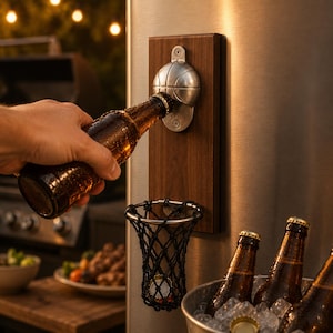 Peut inclure: Un ouvre-bouteille sur le thème du basket-ball monté sur une planche de bois, avec un petit filet en dessous pour attraper les capsules. Une personne ouvre une bouteille de bière brune. Un seau de bouteilles de bière sur de la glace est en arrière-plan.