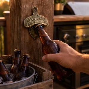 Peut inclure: Un ouvre-bouteille de couleur bronze fixé sur un poteau en bois, avec le texte "BEER DAY LET'S DRINK". Une bouteille de bière brune est en cours d'ouverture. Plusieurs autres bouteilles de bière sont dans un seau en métal rempli de glace.