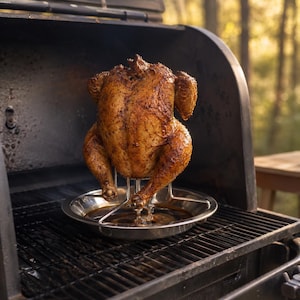 Peut inclure: Un poulet entier rôti à la peau dorée et assaisonné d'épices sombres, placé verticalement sur un support de cuisson en métal. Le support repose dans un plat de récupération circulaire en acier inoxydable sur une grille de barbecue noire.