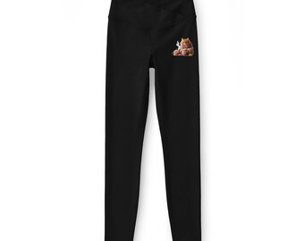 Leggings con illustrazione di volpe addormentata / leggings da yoga neri a vita alta