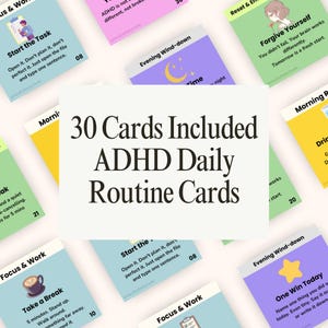 Puede incluir: Juego de 30 tarjetas de rutina diaria para el TDAH. Las tarjetas presentan varios colores y textos, incluyendo "Start the Task", "Take a Break" y "One Win Today". Estas tarjetas están diseñadas para ayudar con la concentración y el trabajo.