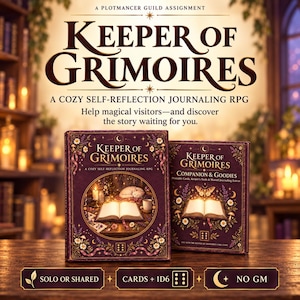 May include: Two purple books titled Keeper of Grimoires, a journaling RPG. The main book features an open book and sleeping cat illustration. The companion book is titled Companion & Goodies. Text includes A Plotmancer Guild Assignment.