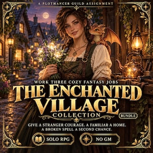 Puede incluir: Una portada de libro digital titulada The Enchanted Village Collection que muestra a una persona sosteniendo un ramo de flores brillantes con un pequeño dragón en el hombro. El texto incluye A Plotmancer Guild Assignment, Work Three Cozy Fantasy Jobs y Give a Stranger Courage. A Familiar a Home. A Broken Spell a Second Chance. Solo RPG, No GM.