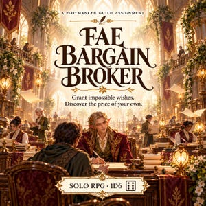 Op de afbeelding: Een fantasy spelcover getiteld Fae Bargain Broker, A Plotmancer Guild Assignment. De afbeelding toont een grote bibliotheek met elfen aan bureaus, gouden lantaarns en witte bloemen. Tekst: Grant impossible wishes. Discover the price of your own. Solo RPG 1D6.