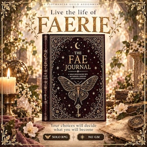May include: A dark brown hardcover book titled The Fae Journal, featuring a gold moth illustration, a key, and celestial motifs. The cover text reads A Plotmancer Guild Assignment, Live the life of Faerie, A solo journaling RPG, and No GM.