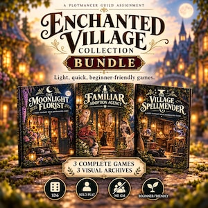 Könnte beinhalten: Ein Set aus drei Büchern mit dem Titel Enchanted Village Collection, bestehend aus The Moonlight Florist, The Familiar Adoption Agency und The Village Spellmender. Die Cover zeigen Fantasy-Szenen mit Tieren. Der Text umfasst 3 Complete Games 3 Visual Archives sowie Light, quick, beginner-friendly games.