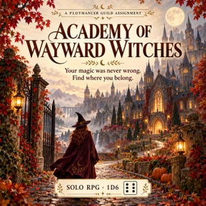 Pode incluir: Uma capa de livro de fantasia intitulada Academy of Wayward Witches, A Plotmancer Guild Assignment. Mostra uma bruxa com capa vermelha escura e chapéu pontudo caminhando em direção a um castelo gótico ao anoitecer, cercada por folhas de outono.