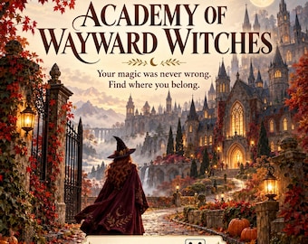 May include: A fantasy book cover titled Academy of Wayward Witches, A Plotmancer Guild Assignment. It features a witch in a dark red cloak and pointed hat walking toward a gothic castle at twilight, surrounded by autumn leaves and pumpkins.