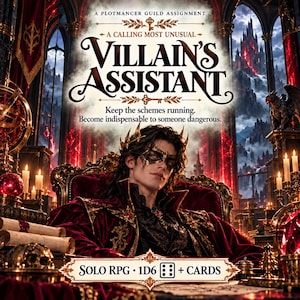 May include: A game cover titled A Plotmancer Guild Assignment: A Calling Most Unusual Villain's Assistant. It features a person with dark hair wearing a gold crown and black mask, dressed in a red velvet coat, sitting in a dark, ornate room.