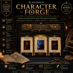 May include: A digital interface titled Plotmancer Character Forge displayed on a laptop screen, featuring a Guild Hall Leaderboard with three character profiles, surrounded by text detailing features like interactive worksheets and PDF export.
