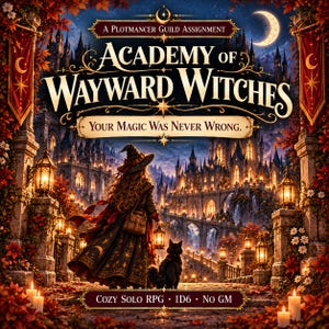 May include: A book cover titled Academy of Wayward Witches, A Plotmancer Guild Assignment, Your Magic Was Never Wrong, Cozy Solo RPG, 1D6, No GM. It features a figure in a witch hat and cloak with a black cat, standing before a castle at night.