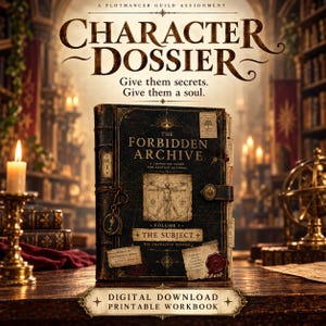 May include: A dark, leather-bound book titled The Forbidden Archive, Volume 1, The Subject. The cover features a central anatomical sketch, gold lettering, a metal clasp, and attached tags. Text reads: Character Dossier, Give them secrets. Give them a soul. Digital download printable workbook.