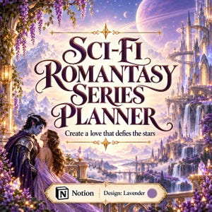 May include: A digital planner cover titled SCI-FI ROMANTASY SERIES PLANNER with the subtitle Create a love that defies the stars. The image features a fantasy couple, a castle, and a planet, with a Notion logo and Design: Lavender label.