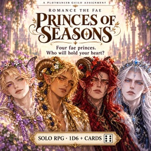 May include: A solo RPG game titled Princes of Seasons featuring four fae princes with distinct seasonal themes, including floral, golden, autumnal, and icy motifs. The cover text reads A Plotmancer Guild Assignment, Romance the Fae, Princes of Seasons, Four fae princes. Who will hold your heart?, and Solo RPG 1D6 + Cards.