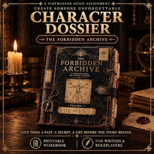 Może przedstawiać: Ciemna, postarzana księga zatytułowana The Forbidden Archive Volume I, z centralną ilustracją Człowieka Witruwiańskiego, metalowym zapięciem i wiszącą zawieszką w kształcie kielicha. Okładka zawiera tekst A Plotmancer Guild Assignment oraz Character Dossier.