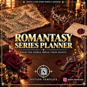 Puede incluir: Una plantilla de planificador digital titulada ROMANTASY SERIES PLANNER con el texto WRITE A LOVE STORY WORTH A KINGDOM y BUILD THE WORLD. BREAK THEIR HEARTS. La imagen muestra un mapa de fantasía, una corona dorada, un sobre con sello de cera y una llave.