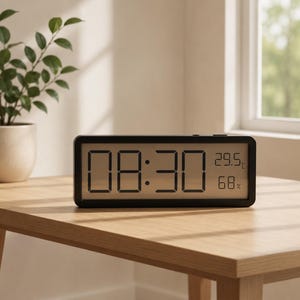 May include: A black digital clock showing the time as 08:30, temperature at 29.5°C and humidity at 68%. The clock is on a light wooden table. A potted plant is visible in the background.