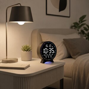 May include: A modern digital alarm clock with a black frame displays the time, date, and day of the week. The clock sits on a white nightstand next to a desk lamp and a small potted succulent. The time displayed is 10:35.