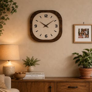 May include: A square wooden wall clock with a dark brown frame and a light beige face. The clock has black numbers and hands. The clock is hanging on a beige wall. A framed photo and a lamp are also visible.