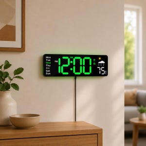 Reloj de pared digital LED grande: control remoto, indicador de temperatura y humedad, decoración moderna.