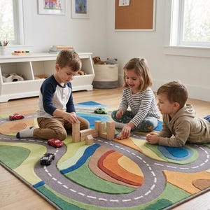 Hand-Tufted Wool Kids Road Map Rug, Retro Play Mat, Nursery Decor