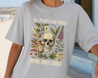 Funny Plant Lover Shirt | Mushroom Skull Botanical Graphic Tee | Witchy Cottagecore Oversized Top