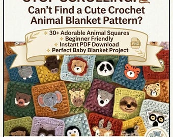 Tier Oma Quadrat Häkelanleitungen Bundle | Fuchs Löwe Panda Eule Elefant Decke Blöcke | Baby Afghan Strickmuster PDF Download