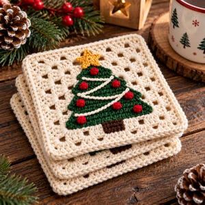 May include: A stack of square, cream-colored crochet coasters featuring a green Christmas tree motif. The tree is decorated with small red yarn spheres, a white yarn garland, and a yellow star at the top, with a brown yarn trunk at the base.