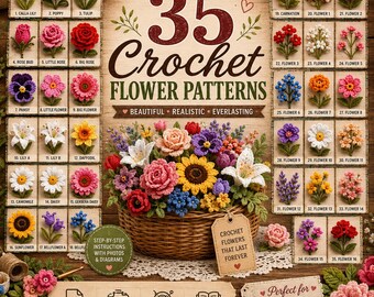 35 Häkelblumen Muster PDF, Crochet Flower Bouquet Pattern Book, Häkelblumen Rosen, Tulpen, Gänseblümchen, Anfänger Digitaler Download