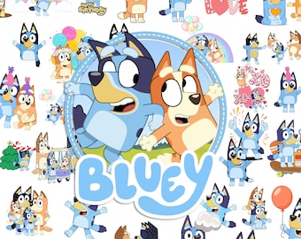 Bluey Clipart PNG Bundle, Cartoon Hund Familie Geburtstag Party Grafiken (digitaler Download)