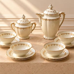 Peut inclure: Un service à thé en porcelaine couleur crème comprenant une cafetière, un sucrier avec couvercle et quatre tasses avec soucoupes assorties. Chaque pièce est ornée d'un délicat motif en filigrane doré sur les bords et les anses.