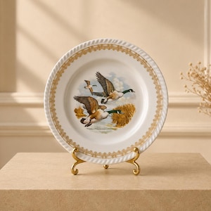 Rare-Vintage Set of 12 Duck Dinner Plates, Gold Detail, 2 Wildlife Designs, Elegant Country Tableware, 24 cm / 9.45 in-gold-