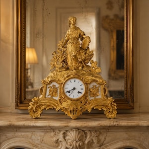 Reloj de sobremesa antiguo Japy Frères de bronce dorado – siglo XIX – Mecanismo Gold Medal – Revisado con llave