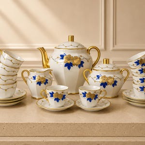 Service à café Limoges ancien cobalt & or – Vintage French porcelain coffee set – Gilded cups  pot