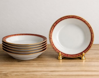 Limoges Porcelain Soup Bowl – Red & Gold Rim – Vintage French Dinnerware – Elegant Pasta or Bouillon Dish – Handcrafted European Tableware