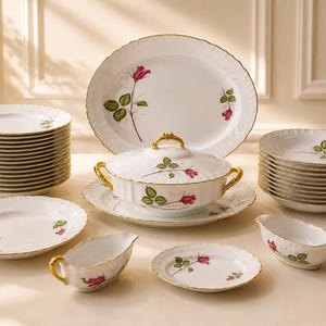 Puede incluir: Un juego de vajilla de porcelana blanca con un patrón de rosas rosas y hojas verdes con borde dorado. La colección incluye una fuente ovalada grande, una sopera con tapa y asas doradas, dos salseras y varios platos apilados.