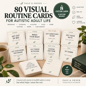 Puede incluir: Un conjunto de 80 tarjetas de rutina visual para la vida adulta autista de Page & Order. Las tarjetas presentan texto negro sobre un fondo crema con iconos de hojas verdes. Las categorías incluyen mañana, higiene, comida, hogar, salida, trabajo y reinicio.