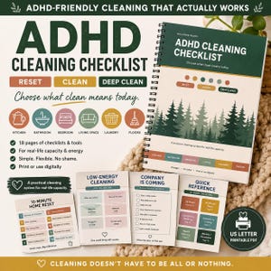 May include: A spiral-bound ADHD cleaning checklist planner with a forest graphic cover. Includes multiple printed pages featuring categories like 10-Minute Home Reset, Low-Energy Cleaning, Company Is Coming, and Quick Reference with checkboxes and text.