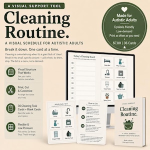 May include: A visual support tool for cleaning routines featuring a digital schedule board, printed activity cards with icons for household tasks, and an instructional guide. The text includes 'Cleaning Routine', 'Made for Autistic Adults', and 'How to Use'.