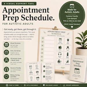 May include: A visual support tool titled "Appointment Prep Schedule" for autistic adults. The image shows a planner with a checklist, activity cards, and instructions. The design is sensory-friendly and includes a visual structure to reduce anxiety.